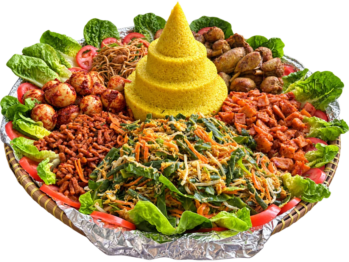 A colourful Indonesian sharing feast with golden rice and a selection of dishes