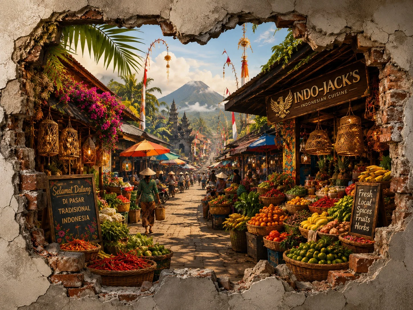 Indonesian market artwork with lanterns, colourful produce and a mountain beyond
