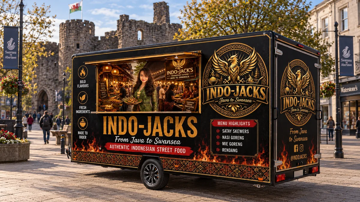 Black and gold Indo-Jacks trailer in an imagined Swansea city-centre street scene